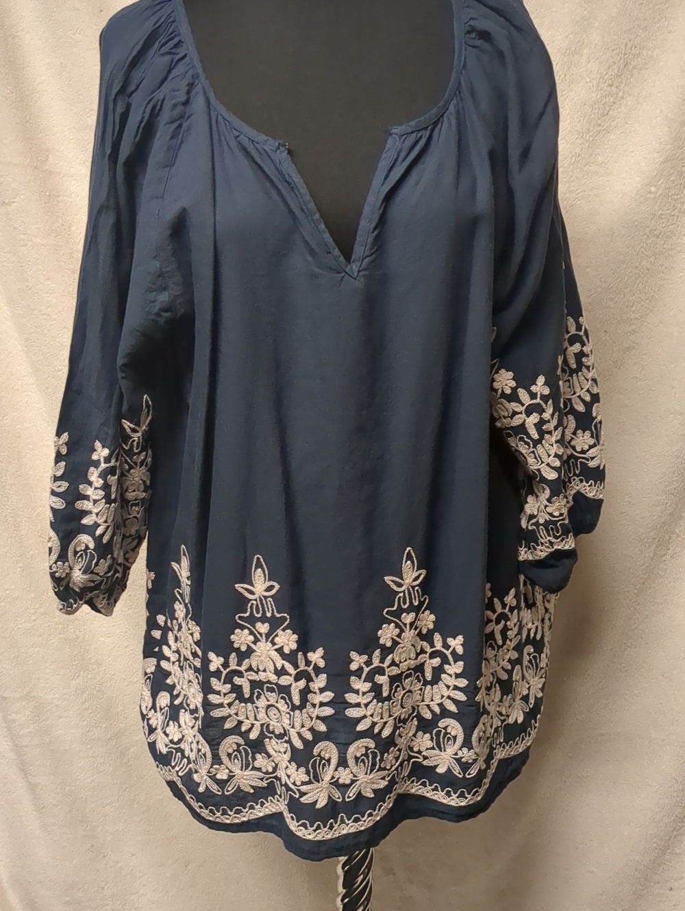Navy Embroidered Peasant Tunic Top